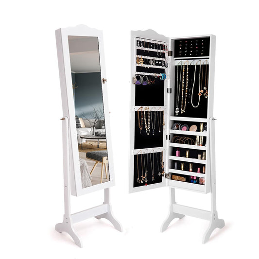 Giantex Jewelry Box Armoire w/Mirror, Standing Jewelry Cabinet, Makep Display Storage Organizer Gift Armoires for Girls Women (White)