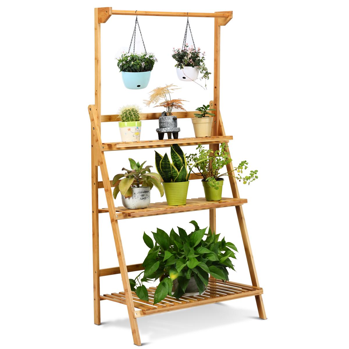 Giantex 3-Tier Hanging Plant Stand Storage Shelf, Folding Flower Pot Organizer Display Storage Rack, Adjustable Hanger Rod, Bamboo Planters Shelves Potted Holder for Patio Garden Balcony Bathroom