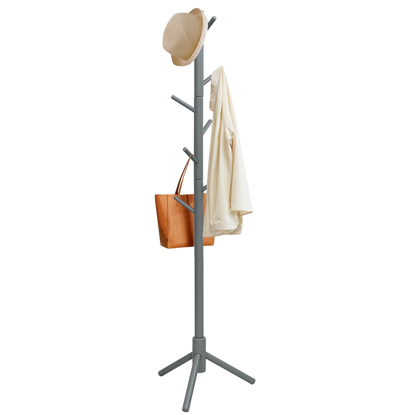 Giantex Wooden Coat Rack Standing, Coat Tree w/2 Adjustable Height, Hanger Stand w/8 Hooks for Clothes, Hats, Bags, Umbrellas, in Home, Office, Grey