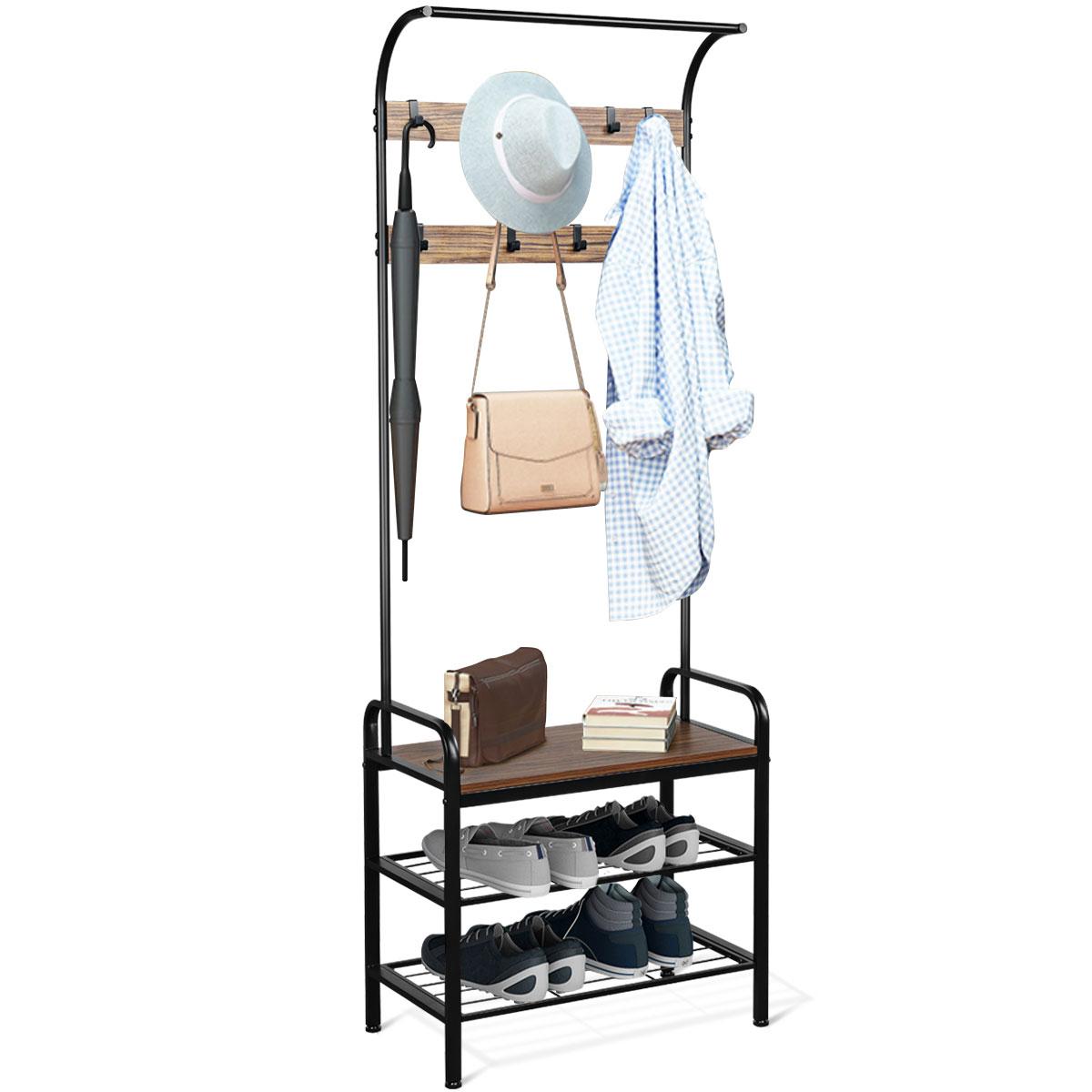 Giantex Industrial Hall Tree, Coat Rack w/Shelf, 9 Hanging Hooks, 3-in-1 Design, Storage Bench Organizer w/Mental Frame for Bedroom, Living Room, Entryway, Hallway, Easy Assembly, Brown