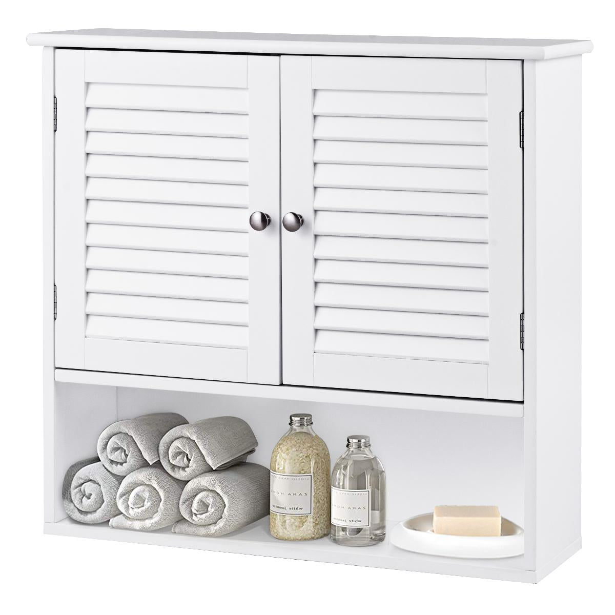 Giantex Bathroom Wall Cabinet, Wooden Hanging Medicine Cabinet with Double Shutter Doors and Adjustable Shelf, Wall Mounted Bathroom Cabinet with Open Shelf, White