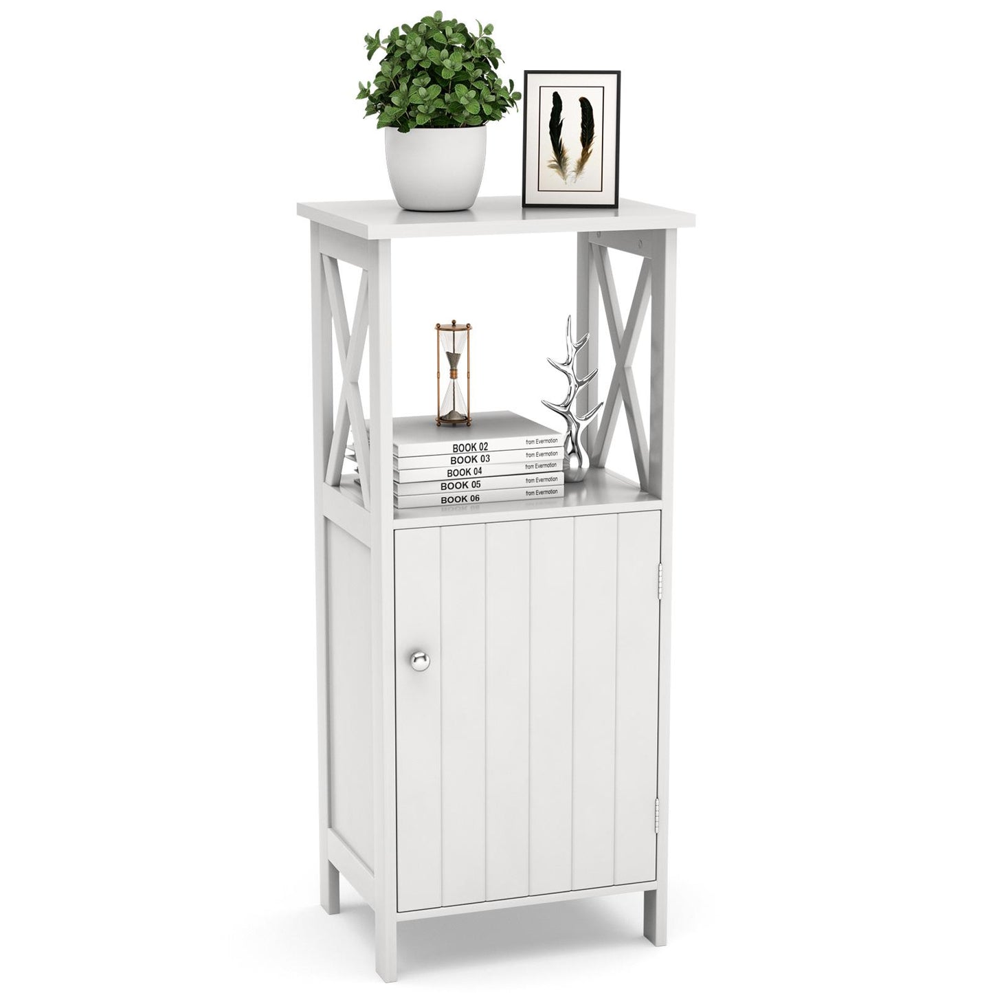 Giantex Bathroom Floor Cabinet with X-Frame, Wooden Freestanding Side Storage Cabinet w/Single Door & Adjustable Shelf, Multipurpose Home Organizer Unit for Bathroom Living Room Bedroom (White)