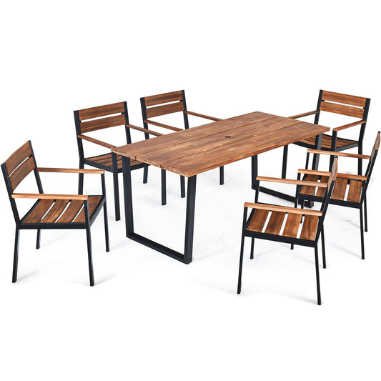 Giantex 7 Piece Patented Outdoor Patio Ding Set, Furniture Set w/Heavy Duty Steel Frame, Large Dining Table w/Acacia Wood Table Top & Umbrella Hole, 6 Armchairs for Backyard, Garden, Poolside