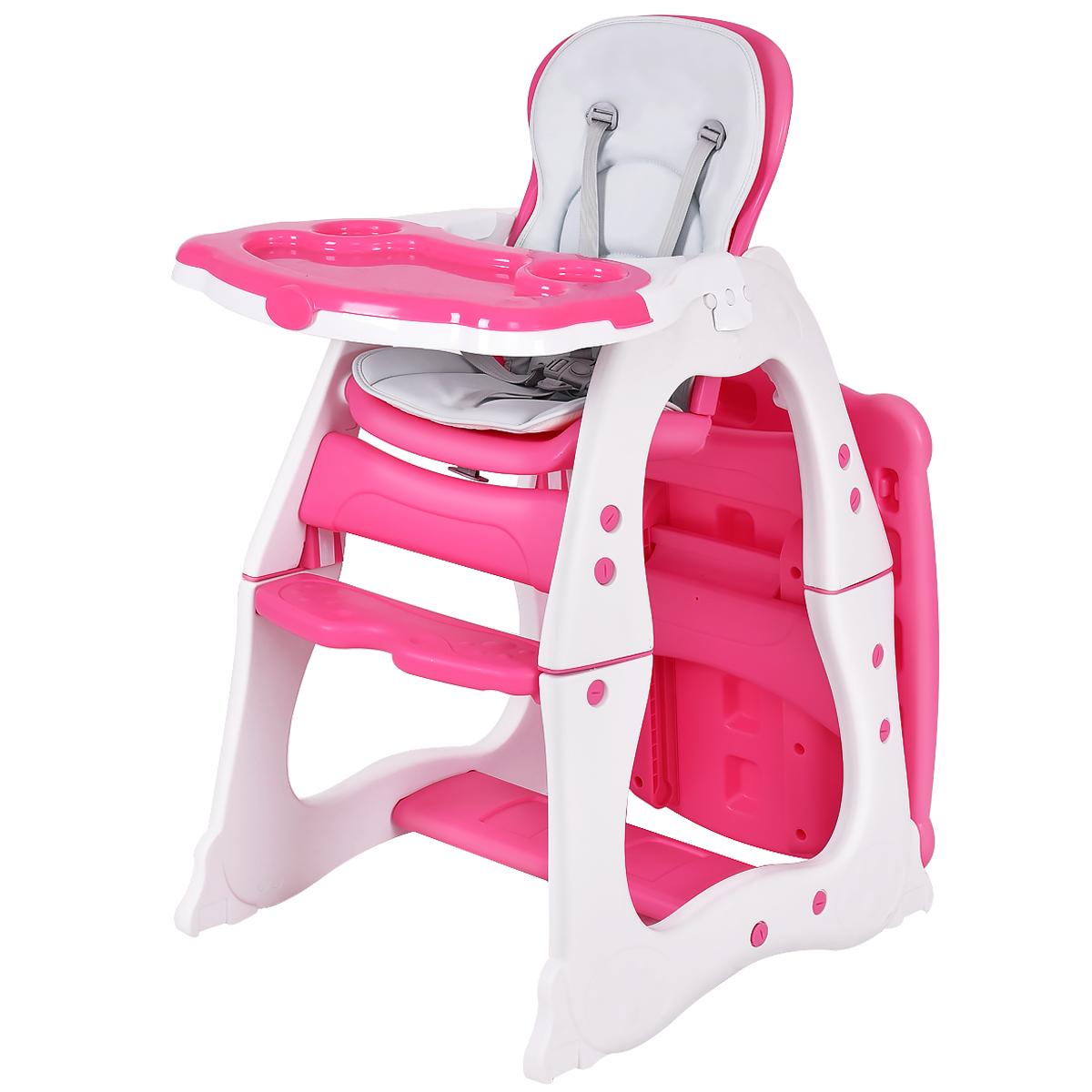 Baby High Chair, 4-in-1 Convertible Baby Highchair/Booster Seat/Toddler Recliner Chair/Table and Chair Set, Footrest & Safety Harness, 3-Position Adjustable Feeding Tray for Infant(Pink)