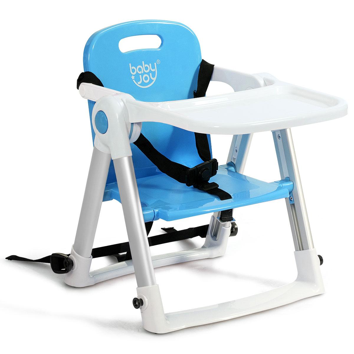 Travel Booster Seat with Tray for Baby, Folding Portable High Chair W/Safety Belt for Camping/Beach/Lawn, Dining Booster for Toddlers at Home and On-The-Go (Blue)