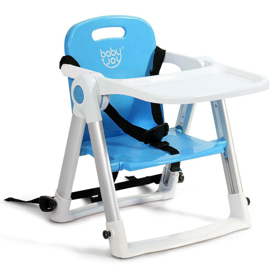 Travel Booster Seat with Tray for Baby, Folding Portable High Chair W/Safety Belt for Camping/Beach/Lawn, Dining Booster for Toddlers at Home and On-The-Go (Blue)