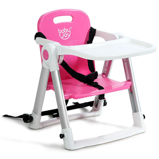 Travel Booster Seat with Tray for Baby, Folding Portable High Chair W/Safety Belt for Camping/Beach/Lawn, Dining Booster for Toddlers at Home and On-The-Go (Pink)