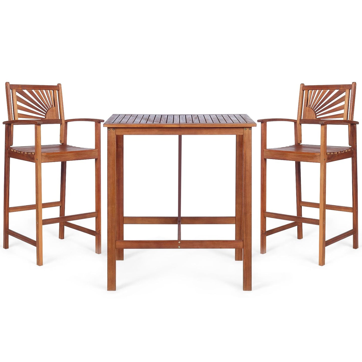 Giantex 3PCS Bar Set, Outdoor Acacia Wood Dining Set, Spacious Tabletop, Comfortable Backrest, Suitable for Sunroom, Backyard, Balcony, Space-Saving Design