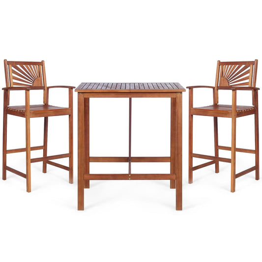 Giantex 3PCS Bar Set, Outdoor Acacia Wood Dining Set, Spacious Tabletop, Comfortable Backrest, Suitable for Sunroom, Backyard, Balcony, Space-Saving Design