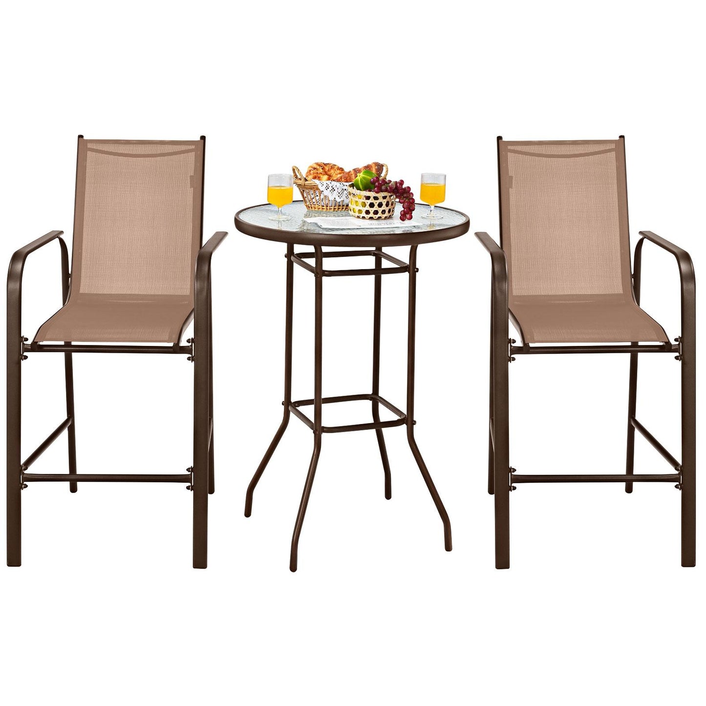 Giantex 3 Pieces Outdoor Patio Bar Set, Outdoor Bistro Set with 2 Bar Stools and 1 Tempered Glass Bar Table, Bar Height Patio Table and Stools Set for Backyard, Garden, Lawn (Brown)