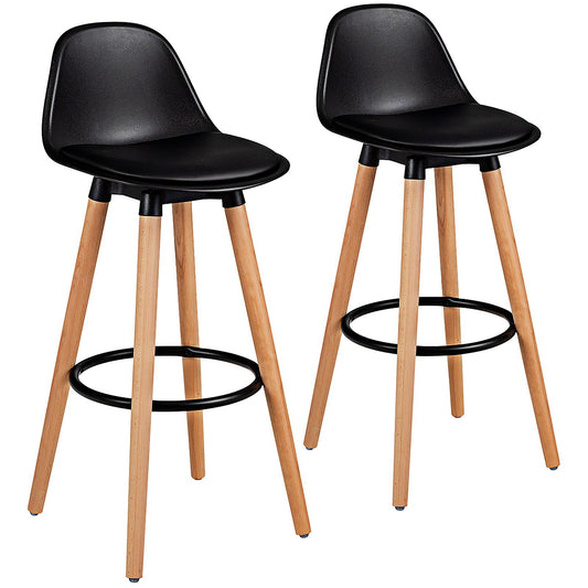 Giantex Set of 2 Dining Room Chair w/ Solid Beech Wood Legs, Upholstery High Chair Set, Scandinavian Kitchen Chair w/ Footrest, Retro Bar Stools for Living room, Loadable Up to 330 LBS, Black