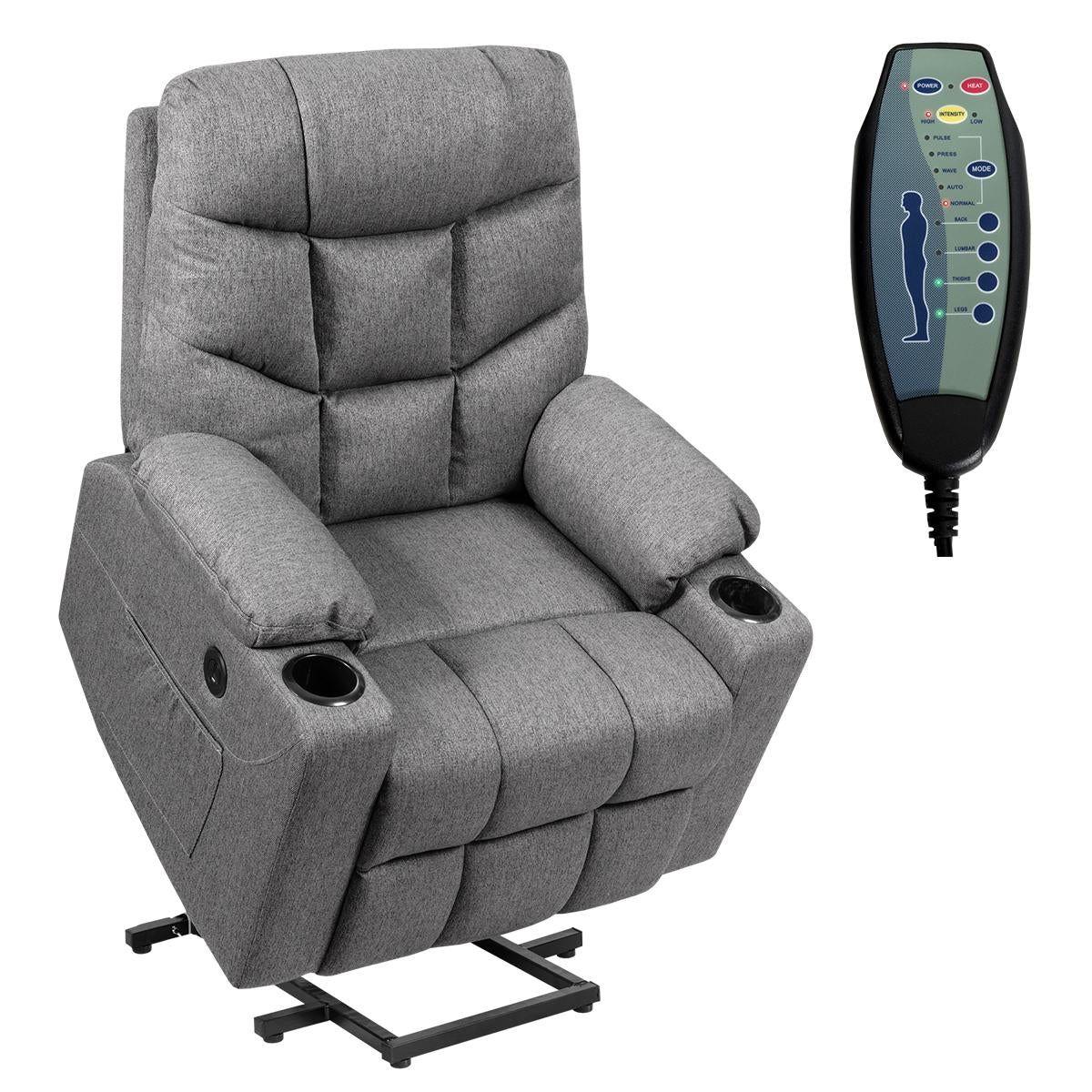 Power Lift Electric Recliner Chair Sofa for Elderly, 8 Point Massage & Lumbar Heat, 2 Side Pockets, Cup Holders, USB Ports, Remote Control, Home Theater Chair Lounge for Living Room, Gray