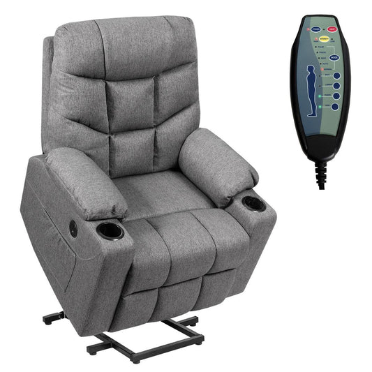 Power Lift Electric Recliner Chair Sofa for Elderly, 8 Point Massage & Lumbar Heat, 2 Side Pockets, Cup Holders, USB Ports, Remote Control, Home Theater Chair Lounge for Living Room, Gray