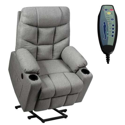 Power Lift Electric Recliner Chair Sofa for Elderly, 8 Point Massage & Lumbar Heat, 2 Side Pockets, Cup Holders, USB Ports, Remote Control, Home Theater Chair Lounge for Living Room, Light Gray
