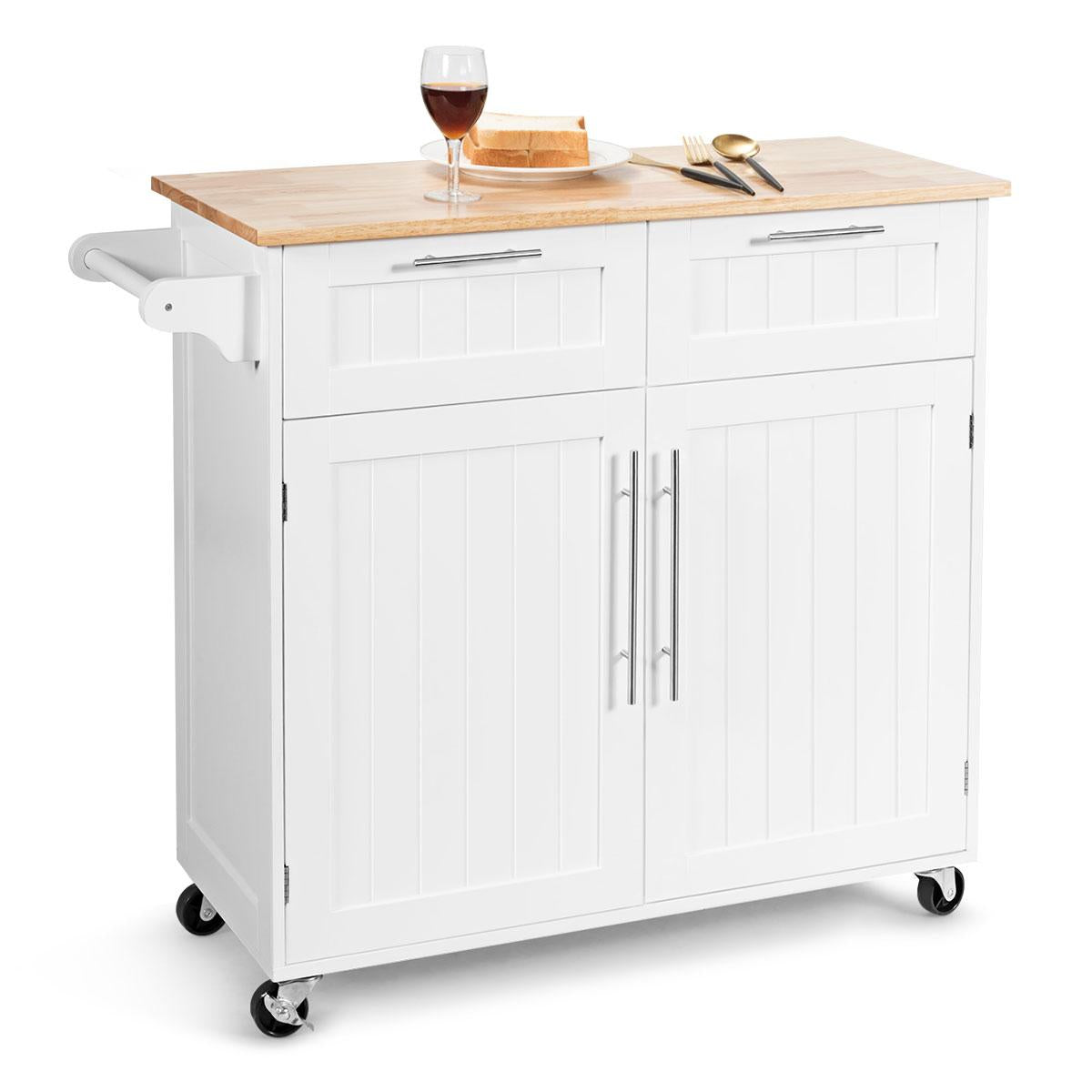 Giantex Rolling Kitchen Island Cart Storage Trolley Multipurpose Serving Cart with Storage,Lockable Wheels,Towel Rack and Rubber Wood Top(White)