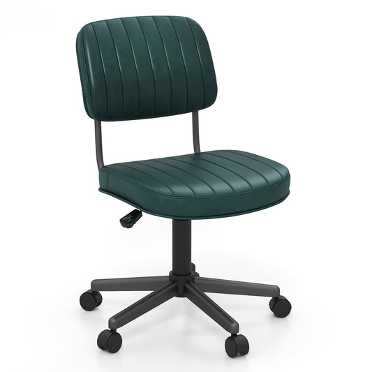 Home Office Leisure Chair w/ 5 Swivel Casters, Ergonomic Mid-back Swivel Task Chair w/Sturdy Steel Base, Retro Design PU Leather Armless Task Chair for Home & Office, Easy Assembly, Green