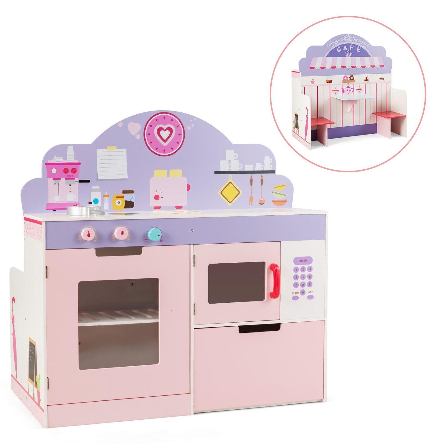 Giantex Kids Kitchen Playset, 2-in-1 Play Kitchen & Restaurant Set with Table & Seats, Children Cooking Toy Set Including Kitchen Accessories & Storage Cabinets, Chef Pretend Set for Toddlers, Pink