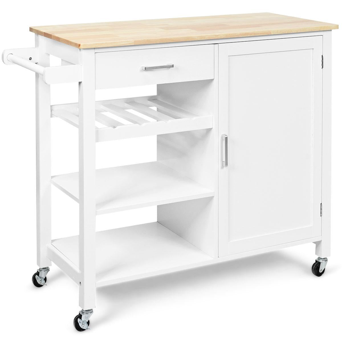 Giantex Kitchen Island Cart Rolling Serving Cart Wood Trolley with Drawer, Storage Cabinet, Wine Bottle Rack, Towel Rack and Lockable Wheels (White)