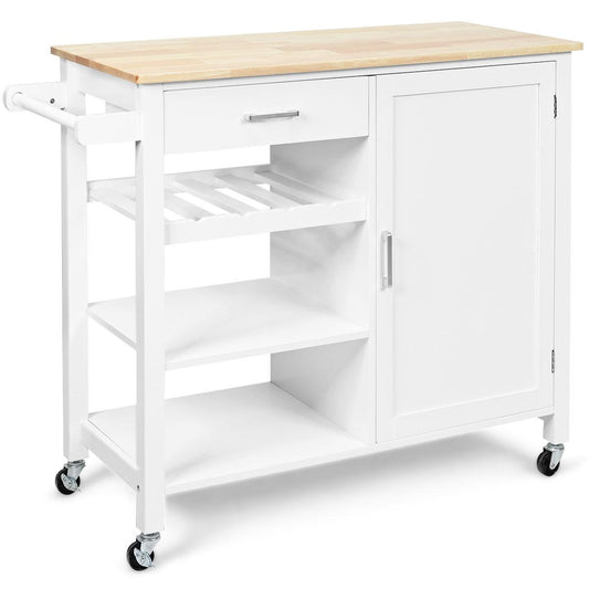 Giantex Kitchen Island Cart Rolling Serving Cart Wood Trolley with Drawer, Storage Cabinet, Wine Bottle Rack, Towel Rack and Lockable Wheels (White)