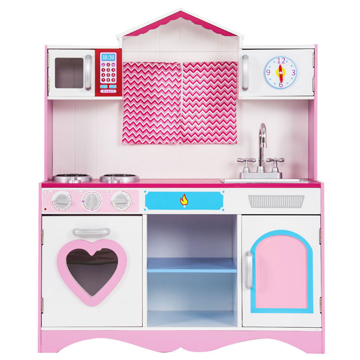 Giantex Kids Kitchen Playset, Wooden Play Kitchen w/ Cookware Utensils, Simulated Stove & Oven, Storage Cabinet, Washing Pool, Princess Pink Cookware Pretend Play Kitchen for Girls Age 3+