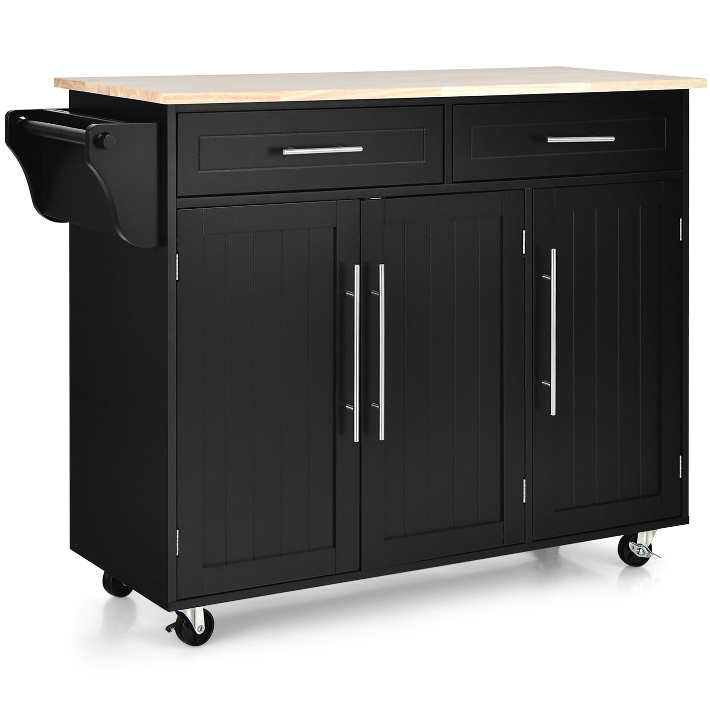 Giantex Kitchen Island on Wheels, Rolling Kitchen Island Cart with Rubber Wood Top, Side Handle, Large Drawers, 3-Door Cabinet for Kitchen and Dining Room (Black)