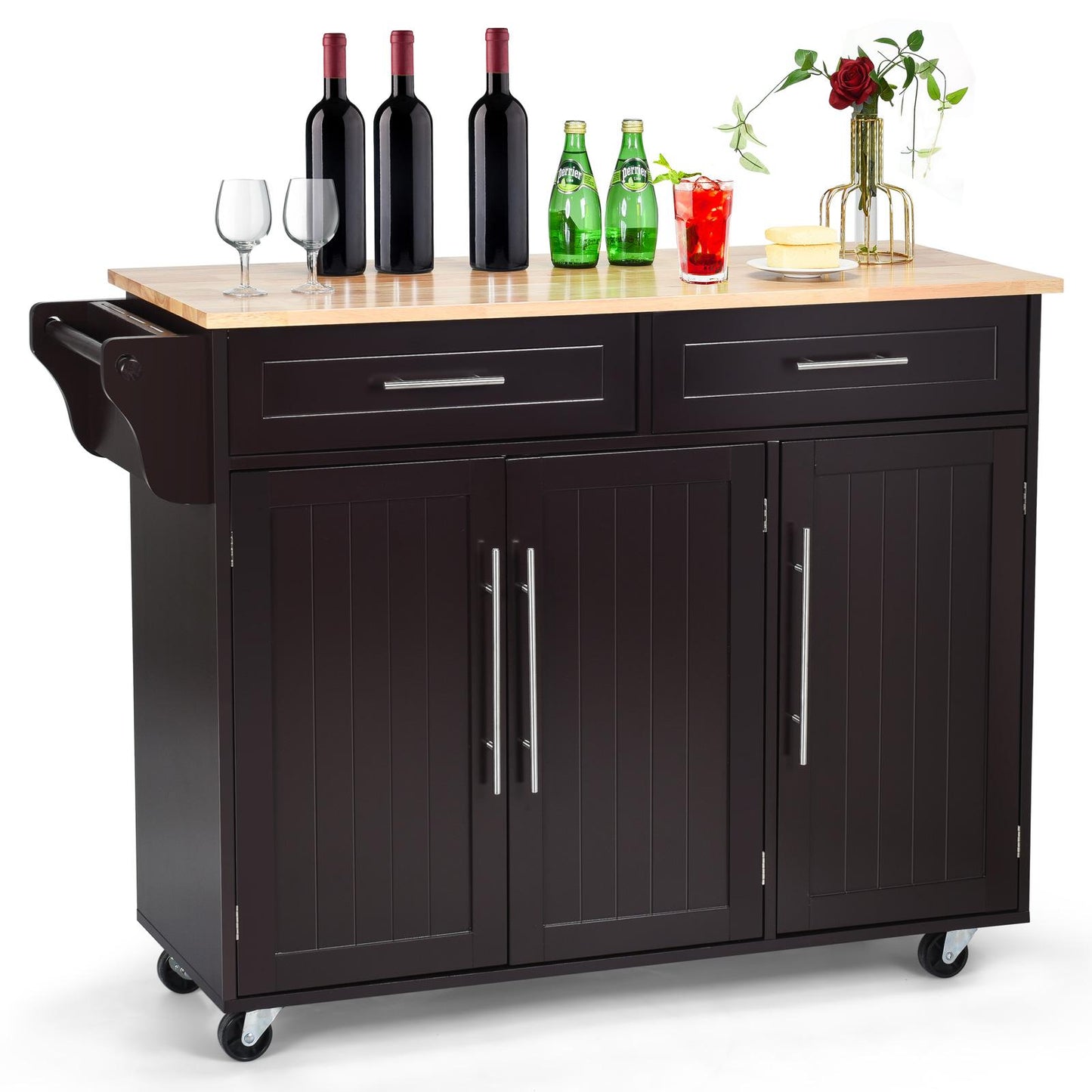 Giantex Kitchen Island on Wheels, Rolling Kitchen Island Cart with Rubber Wood Top, Side Handle, Large Drawers, 3-Door Cabinet for Kitchen and Dining Room