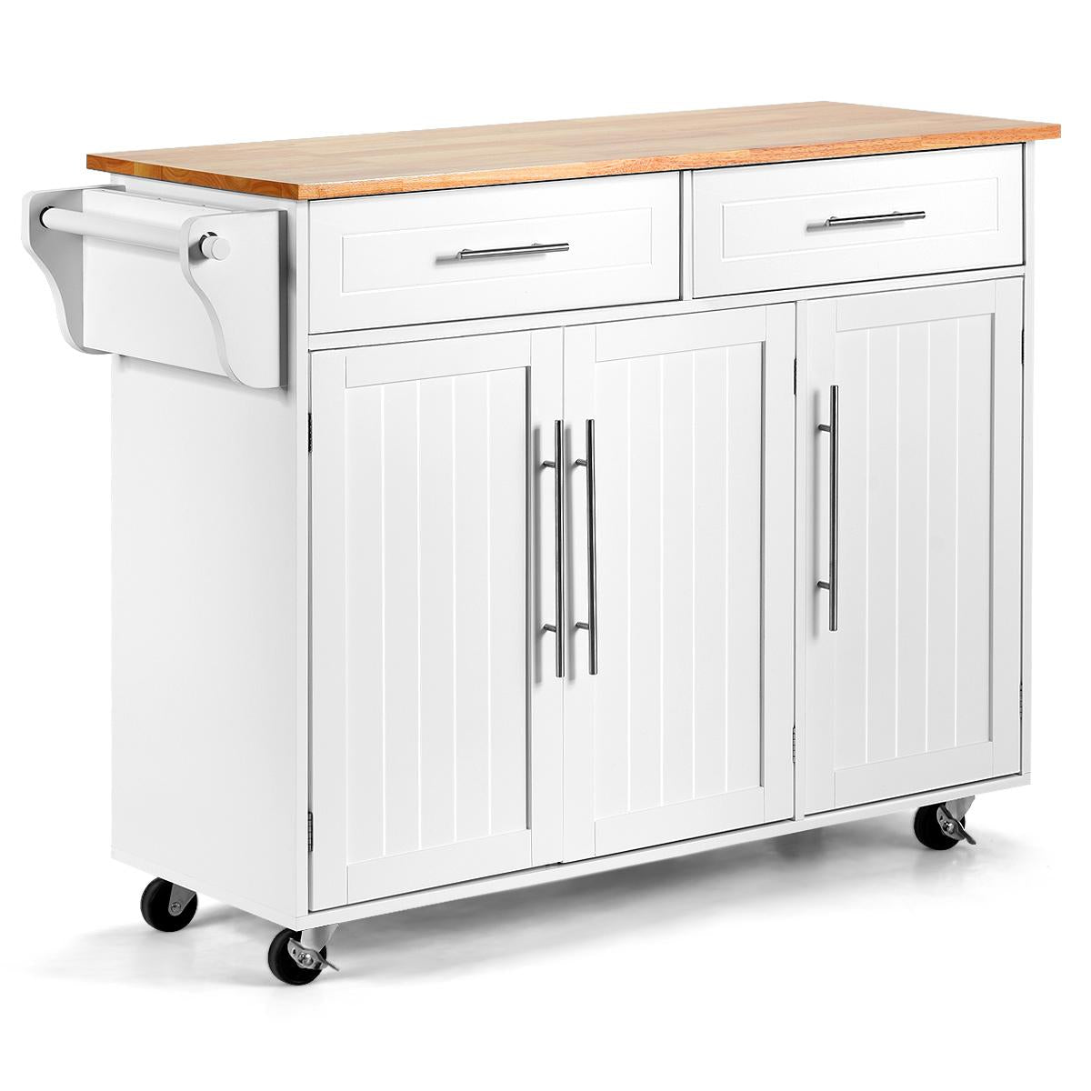 Giantex Kitchen Island on Wheels, Rolling Kitchen Island Cart with Rubber Wood Top, Side Handle, Large Drawers, 3-Door Cabinet for Kitchen and Dining Room (White)