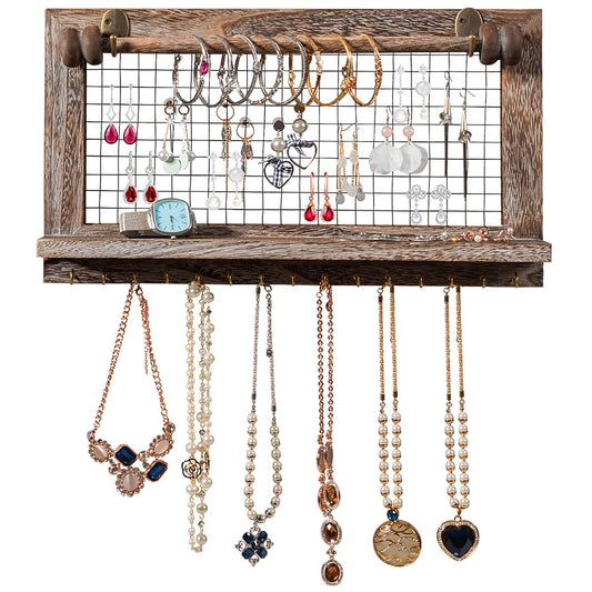 GInatex Wall Jewelry Holder, Rustic Jewelry Wall Mount, Metal & Wood Jewelry Organizer, with Hook & Metal Grid & Detachable Bracelet Rod, for Earrings, Bracelets, Necklaces