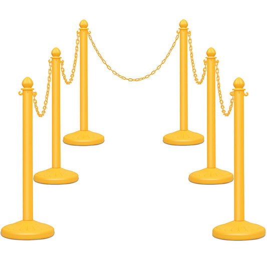 Giantex 6PCS Plastic Stanchion Set, Practical Crowd-Control Stanchion w/5 Detachable Chains & Sturdy Domed Base, Security Barrier Posts Chain Divider for Indoor & Outdoor (Yellow)
