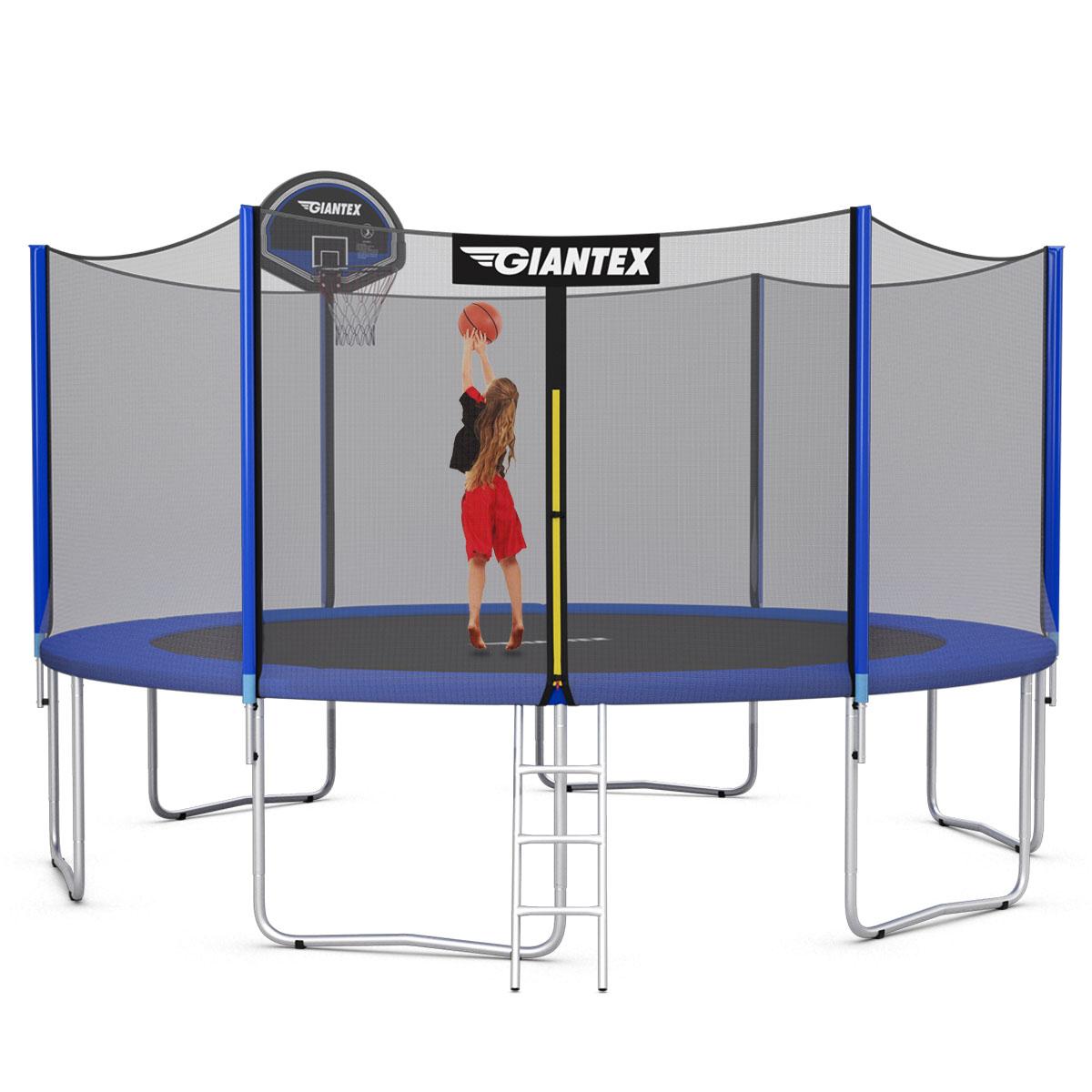 Giantex Trampoline, 12Ft Enclosed Trampoline w/Basketball Hoop, Ladder, Safety Enclosure Net, Spring Pad, Outdoor Big Trampoline Basketball Hoop for Kids, Adults