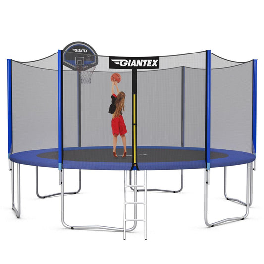 Giantex Trampoline, 15Ft Enclosed Trampoline w/Basketball Hoop, Ladder, Safety Enclosure Net, Spring Pad, Outdoor Big Trampoline Basketball Hoop for Kids, Adults