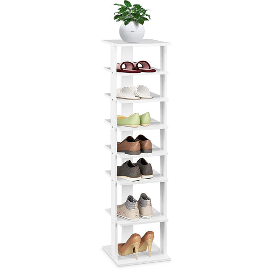 Giantex 7 Tiers Vertical Shoe Rack, Entryway Slim Wooden Shoes Racks, Skinny Shoe Organizer, Space Saving Shoes Storage Stand for Front Door, White