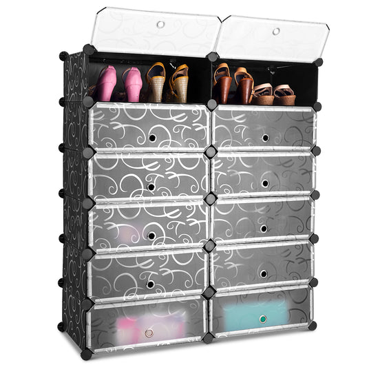 Giantex 12-Compartment Shoe Rack, Stackable Shoe Unit Box Organizer with Doors, Space Saving Modular Rectangular Cube Storage