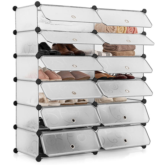 Giantex 12-Compartment Shoe Rack, Stackable Shoe Unit Box Organizer with Doors, Space Saving Modular Rectangular Cube Storage, White