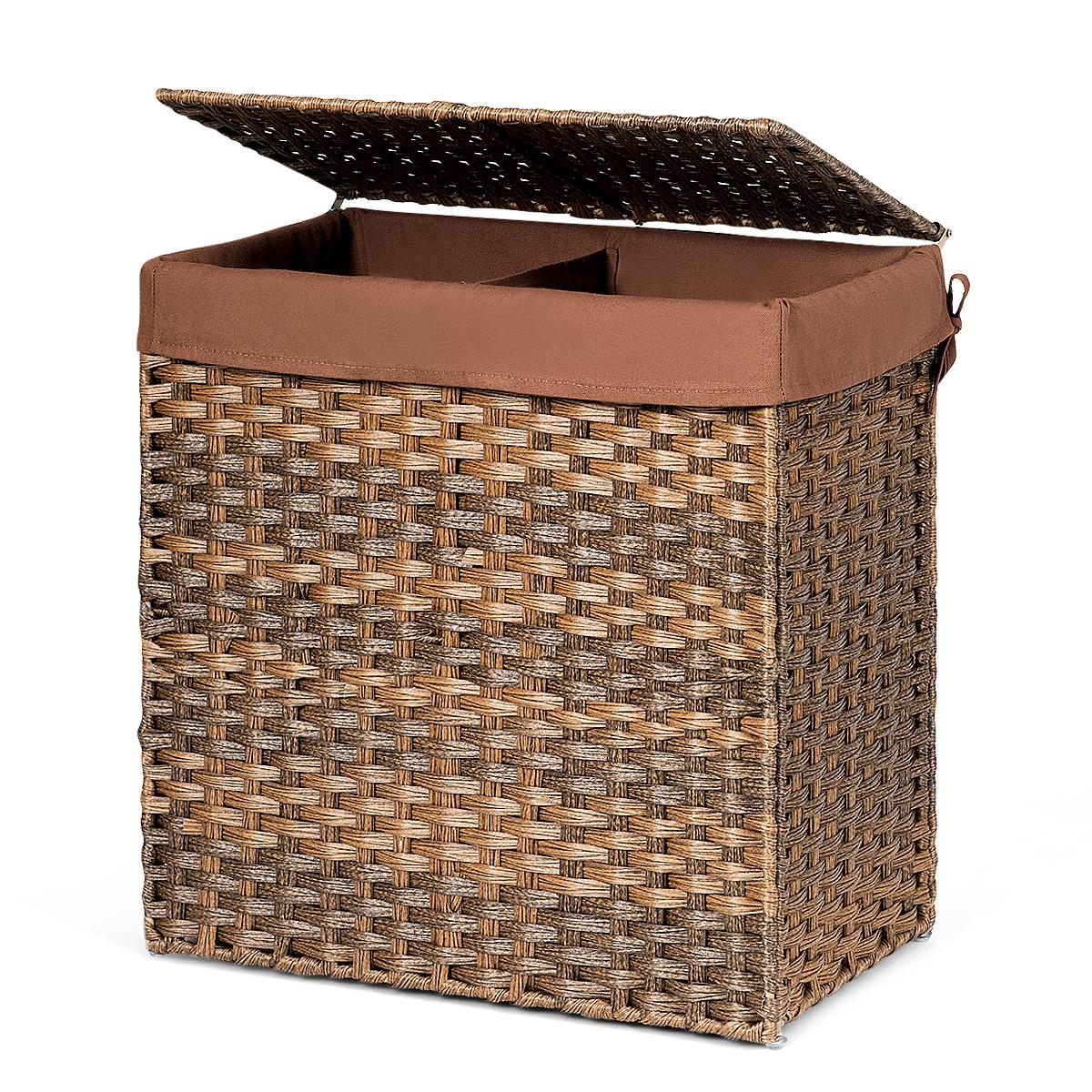 Giantex Handwoven Laundry Hamper, Foldable Divided Laundry Basket with Removable Liner Bag, Lift-up Lid, Waterproof Storage Basket for Bathroom Bedroom
