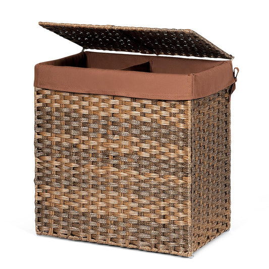 Giantex Handwoven Laundry Hamper, Foldable Divided Laundry Basket with Removable Liner Bag, Lift-up Lid, Waterproof Storage Basket for Bathroom Bedroom