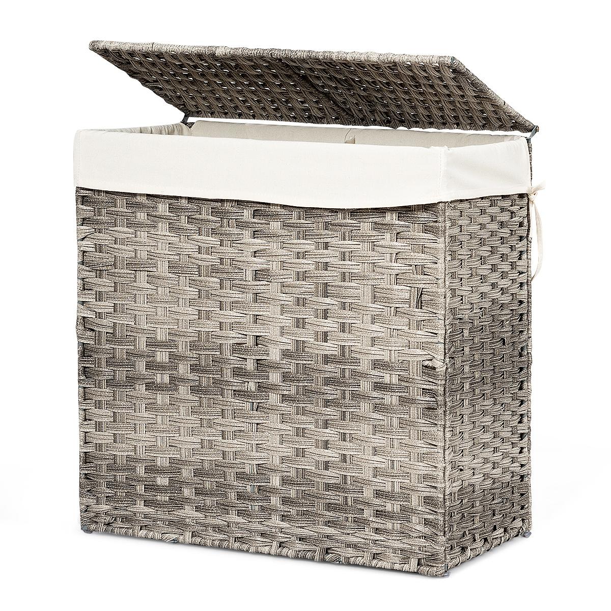 Giantex Handwoven Laundry Hamper, Foldable Divided Laundry Basket with Removable Liner Bag, Lift-up Lid, Waterproof Storage Basket for Bathroom Bedroom