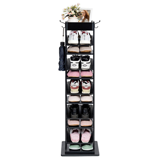 Giantex 360¡ã Free Rotating 10-Tier Shoe Rack, Vertical Wood Shoe Storage Shelves w/Hooks & Extra Top Storage, Free Standing Perfect for Narrow Closet, Entryway (Black)