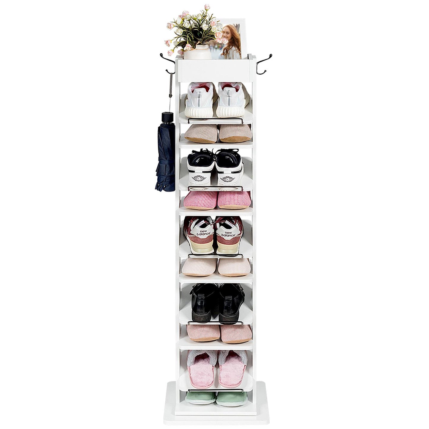 Giantex 360¡ã Free Rotating 10-Tier Shoe Rack, Vertical Wood Shoe Storage Shelves w/Hooks & Extra Top Storage, Free Standing Perfect for Narrow Closet, Entryway (White)
