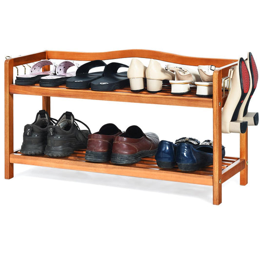 Giantex 2-Tier Wood Shoe Rack Entryway Shoe Shelf Storage Organizer for Hallway, Bathroom, Living Room Free Standing Shoe Racks with Metal Side Hangers