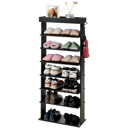 Giantex 7-Tier Wooden Shoe Rack, Space Saving Vertical Shoe Storage Shelves w/Hooks & Extra Top Storage, Entryway Shoes Storage Stand, Multi Function Storage Shelf (Black)