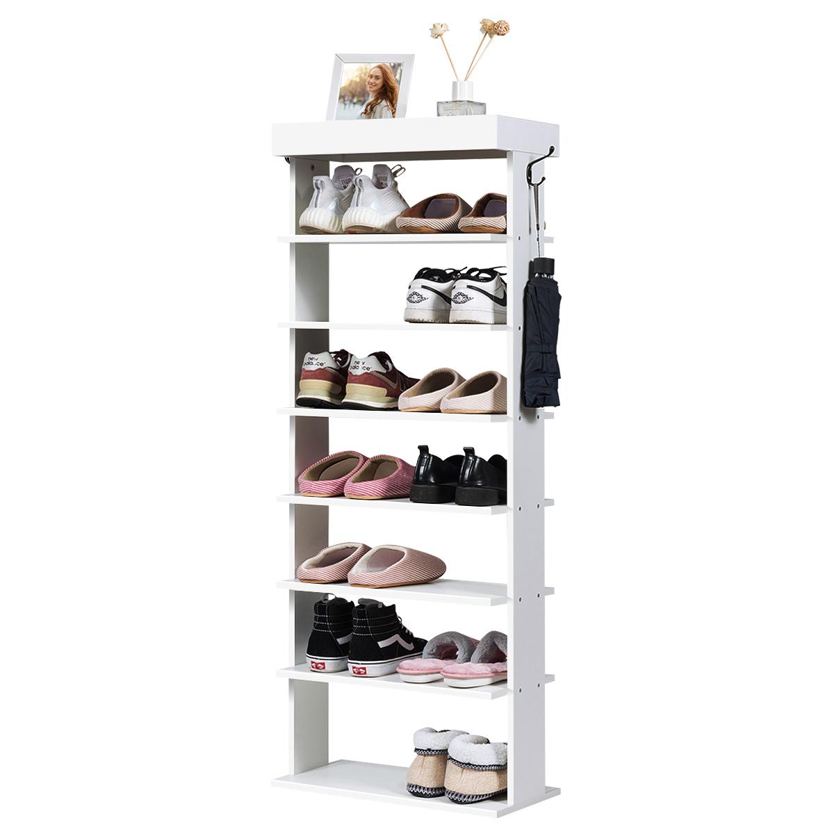 Giantex 7-Tier Wooden Shoe Rack, Space Saving Vertical Shoe Storage Shelves w/Hooks & Extra Top Storage, Entryway Shoes Storage Stand, Multi Function Storage Shelf (White)