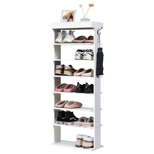 Giantex 7-Tier Wooden Shoe Rack, Space Saving Vertical Shoe Storage Shelves w/Hooks & Extra Top Storage, Entryway Shoes Storage Stand, Multi Function Storage Shelf (White)