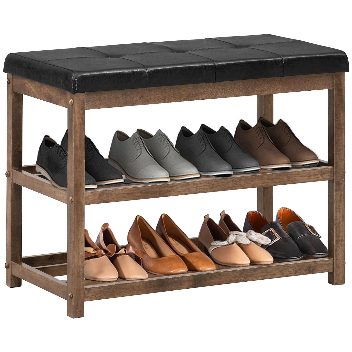 Giantex Shoe Bench, Wood Rack with Cushion Seat, 2-Tier Shoe Shelf Storage Organizer with Padded Seat, Ideal for Entryway, Bedroom, Living Room, Hallway