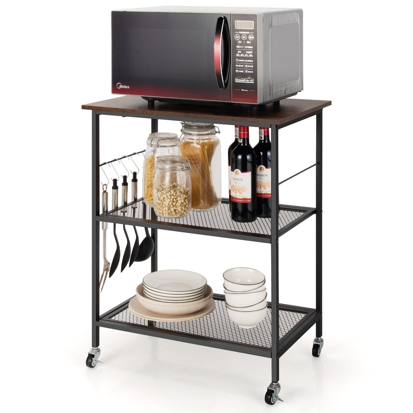 Giantex 3 Tier Kitchen Bake¡¯s Rack, Rolling Microwave Cart, Industrial Bar Service Stand w/Hooks, Kitchen Cart on Lockable Universal Wheels