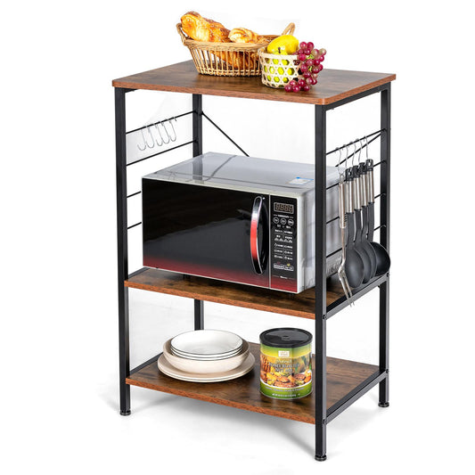 Giantex Kitchen Baker¡¯s Rack, 3-Tier Microwave Stand with 10 Hooks & Industrial Style, Utility Storage Shelf, Spice Rack Organizer