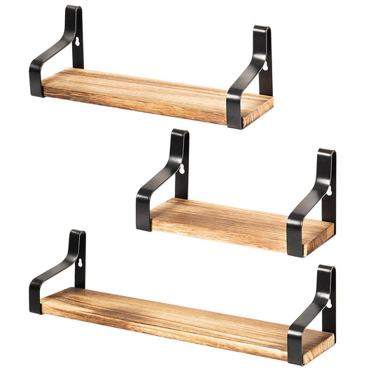 Giantex Set of 3 Floating Shelves, Wall-Mounted Shelves, Rustic Wood Mounting Storage Shelf w/Steel Bracket