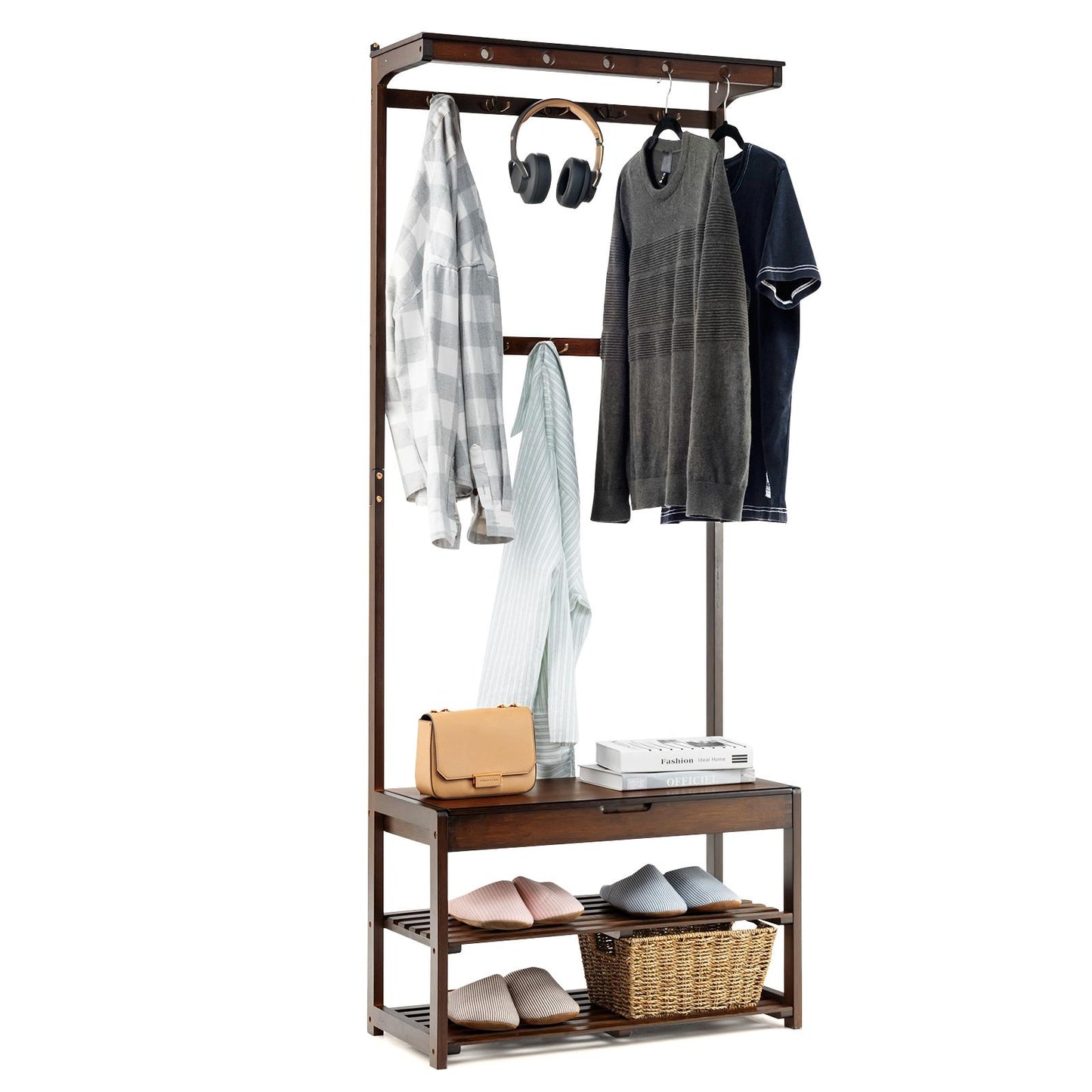 Giantex 5 in 1 Industrial Hall Tree, Bamboo Coat Rack Shoe Bench with 10 Hanging Hooks and 2-Tier Shoe Shelves, Multifunctional Storage Organizer for Entryway, Bedroom, Office, Dorm Room