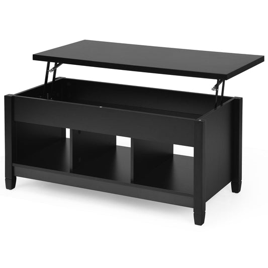 Giantex Lift Top Coffee Table, with Hidden Storage Compartment & 3 Open Shelves, Rectangular Cocktail Tea Table w/Solid Wood Legs for Living Room Reception Room, Black
