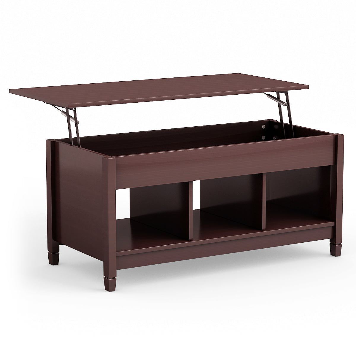Giantex Lift Top Coffee Table, with Hidden Storage Compartment & 3 Open Shelves, Rectangular Cocktail Tea Table w/Solid Wood Legs for Living Room Reception Room, Brown